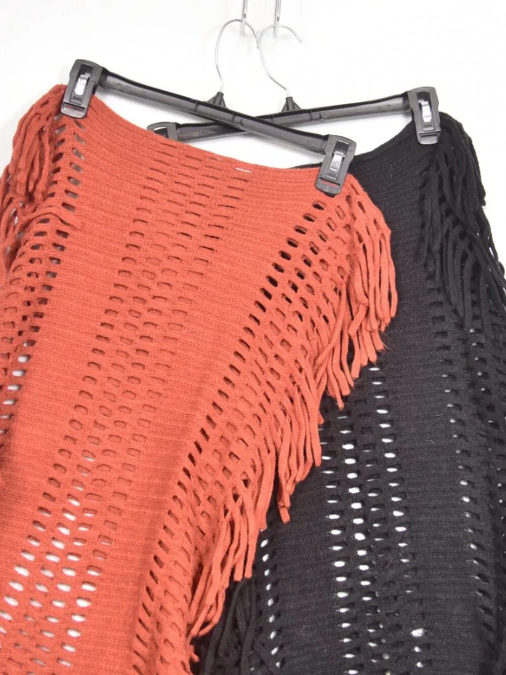 2 Solid Color Knit Infinity Orange & Black Winter Scarf with Fringe